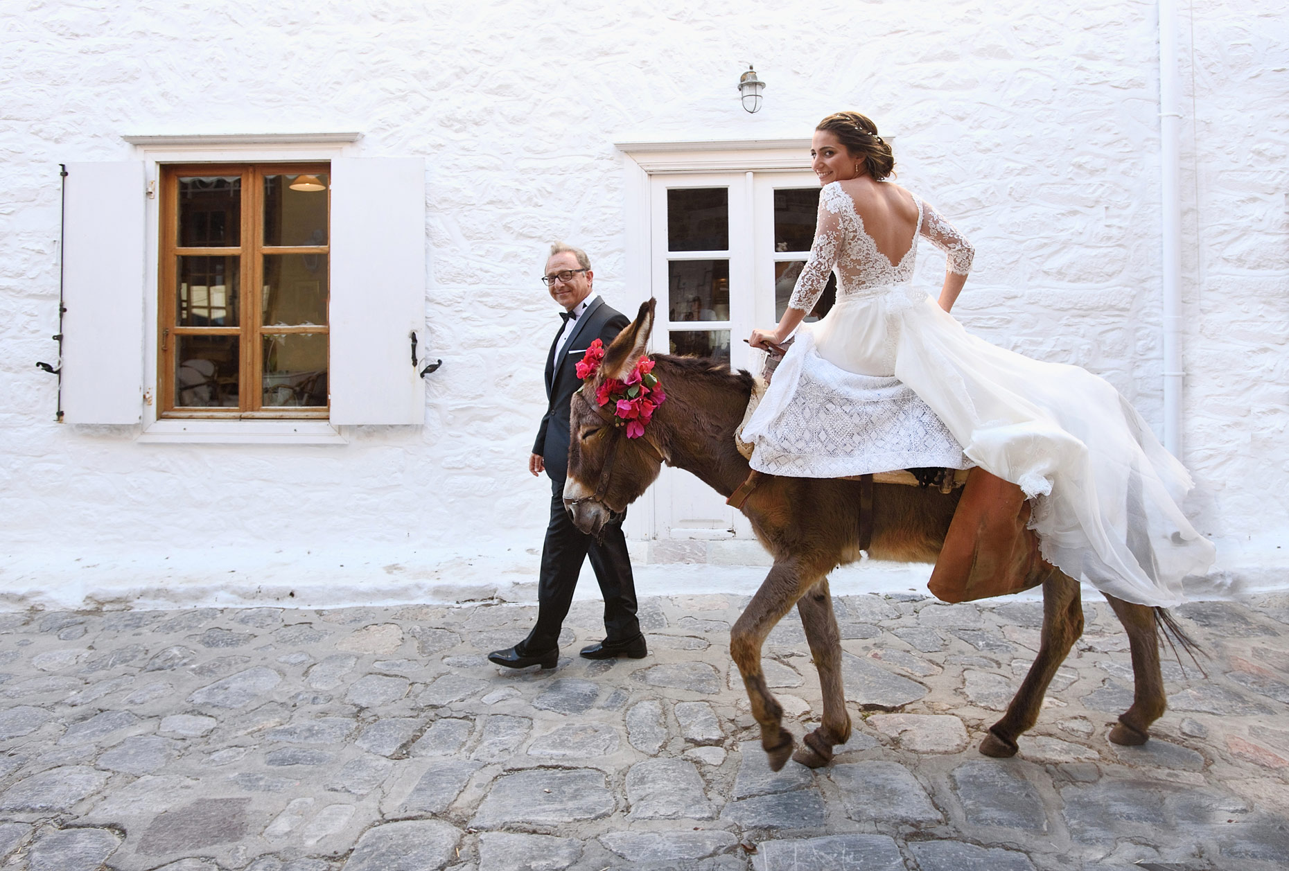 bride and donkey hydra wedding